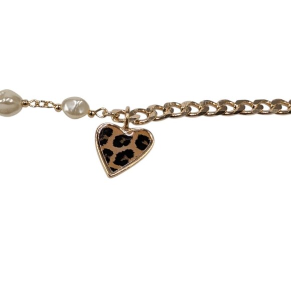 The Sis Kiss Heart Charm Bracelet Womens Tortoise Shell Gold Tone Beaded - Picture 9 of 12